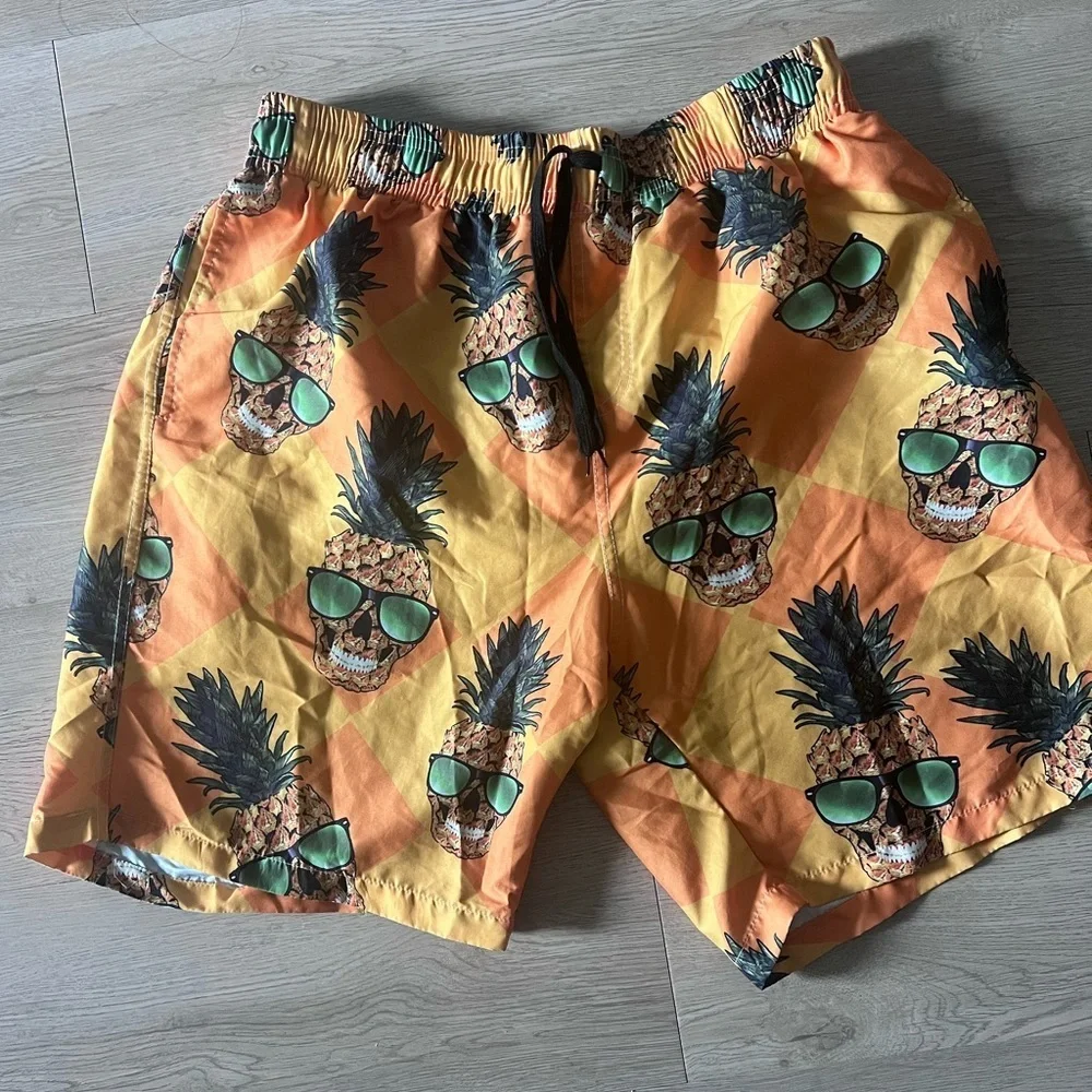 Yellow Pineapple Skull Glasses Swim Trunk Mesh Lining Quick Dry Men Size Large - Picture 1 of 8